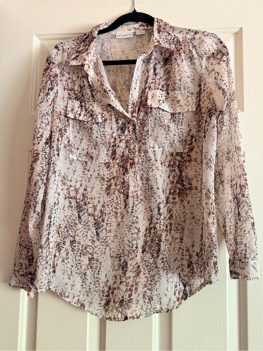 Liz Claiborne Sheer Animal-Print Button Down Blouse - Brown Beige